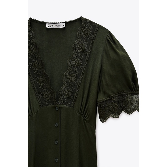 Zara Blogger’s Favorite Olive Green Vintage Lace V-Neck Button Down Midi Dress - Picture 8 of 16
